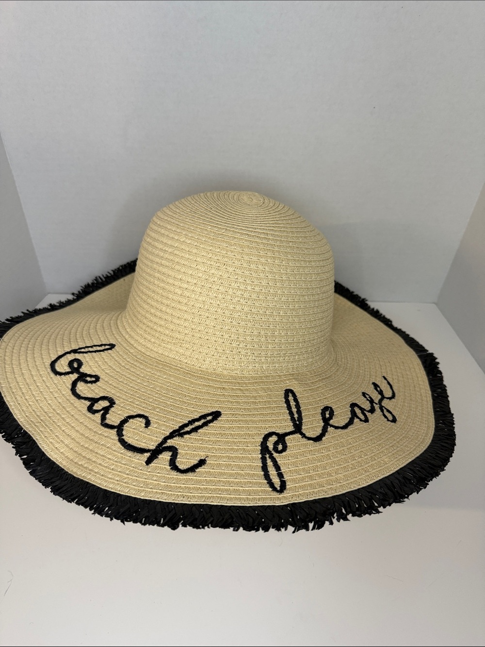 Straw Beach Hat - Beige with Black Trim